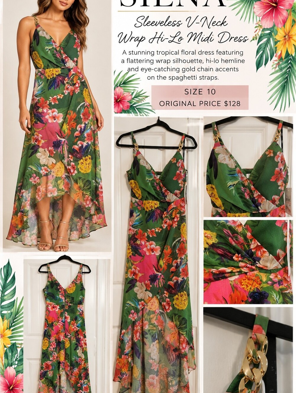 NWT Sienna Green Floral Wrap Maxi Hi-Low Dress - Vibrant Tropical Print